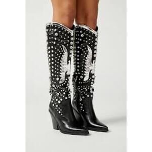 Black and Silver Studded Ankle Boots with Chunky Heel